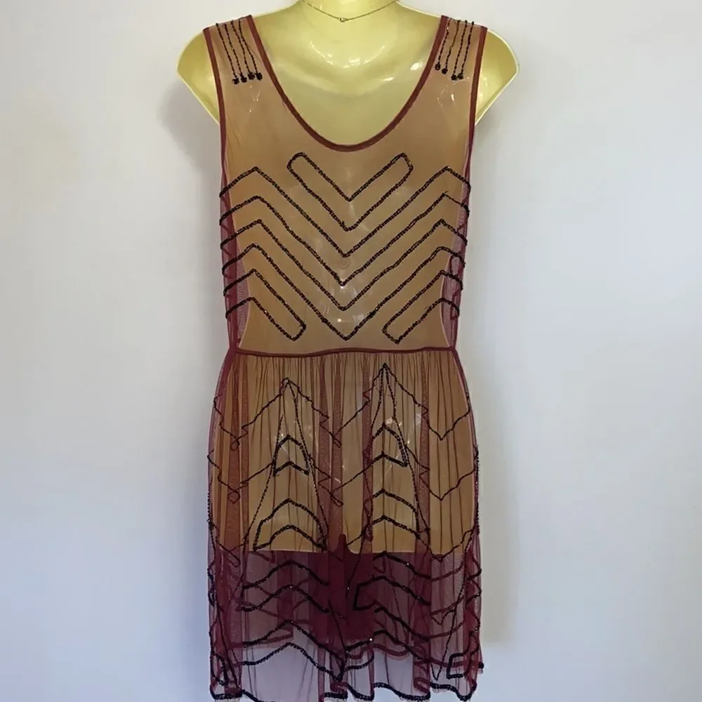 Free People  Dress Wine Mesh Beaded Sheer Net Dress Excellent Size Small